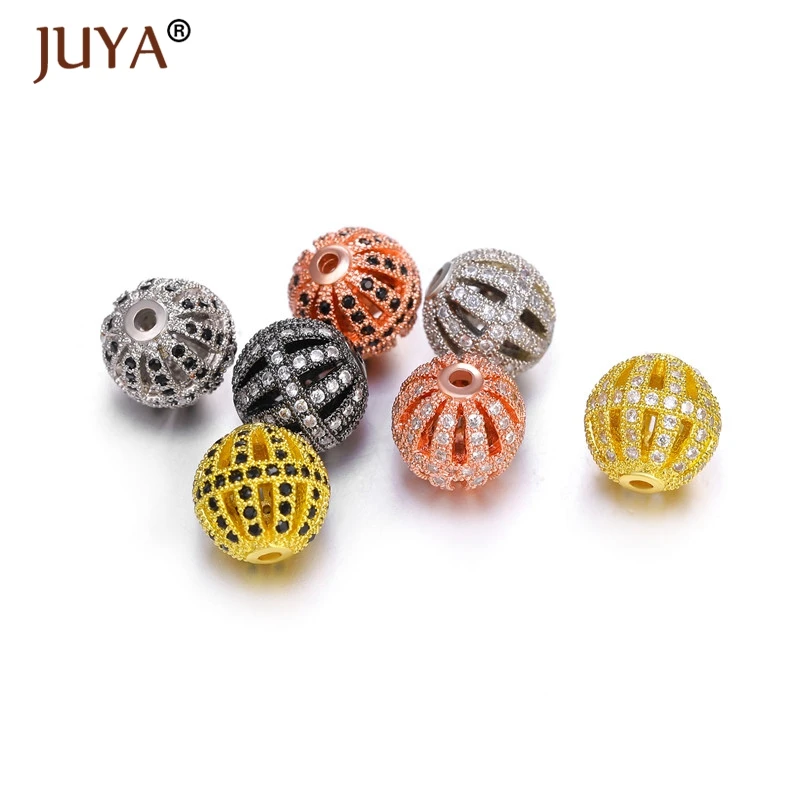 4pcs Wholesale Jewelry lots Spacer Beads Accessories DIY Bracelets 10mm Round Hollow Ball Beads copper metal Inlay CZ rhinestone