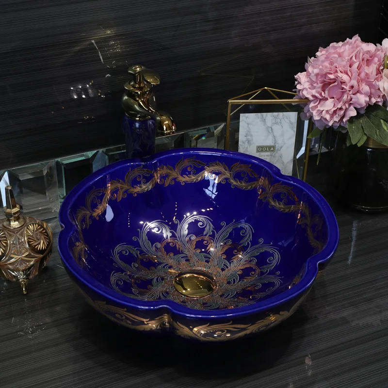 

3 color Flower Luxurious Glazed Europe Vintage Style Art wash basin sink Countertop Basin Sink paint ceramic sink bathroom blue