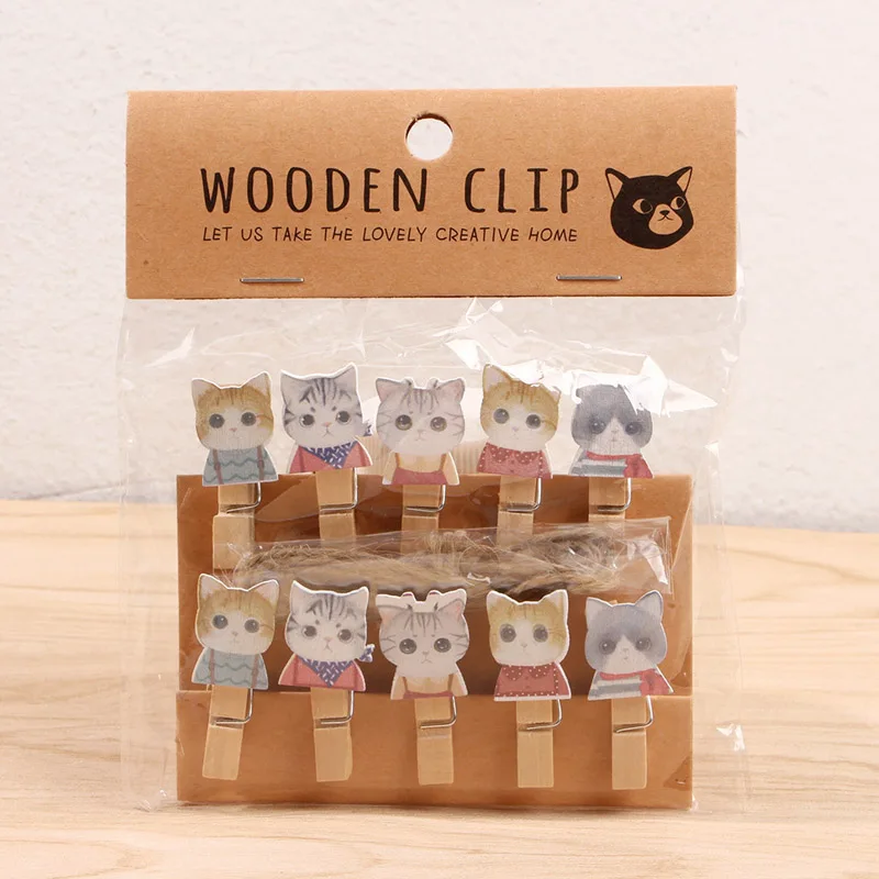 10pcs 35x7mm Well-behaved cat Lovely Wood Clothes Pegs Clothespin Clips Office Party Decoration Accessories Photo Hanging Pegs