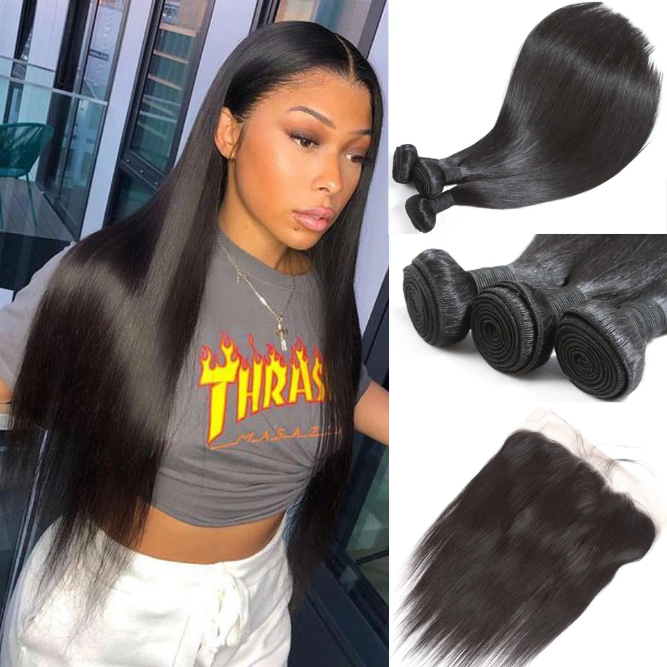 Straight Hair Bundles With Frontal Closure Remy Brazilian Human Hair Bundles With 13X6 Frontal Deep Parting 3 Hair Weave Bundles