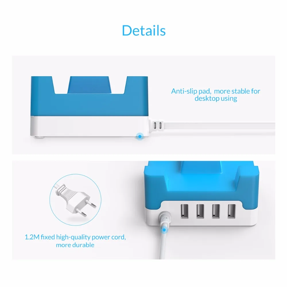ORICO 4 USB Ports Desktop Charger 20W 2.4A Max Adapter with Phone Tablet Holder Charging for iPhone Samsung Xiaomi Huawei Htc