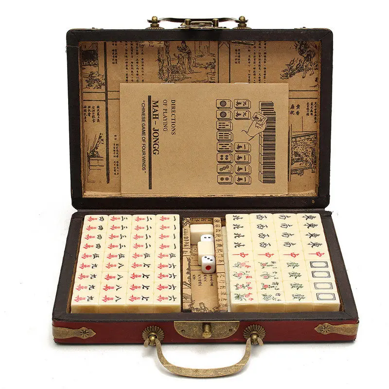 Mah-Jong Set Multi-color Portable Vintage Mahjong, Rare Chinese Toy with Bamboo Box, 1.9cm x 1.1cm x 1.3cm, 144 Tiles