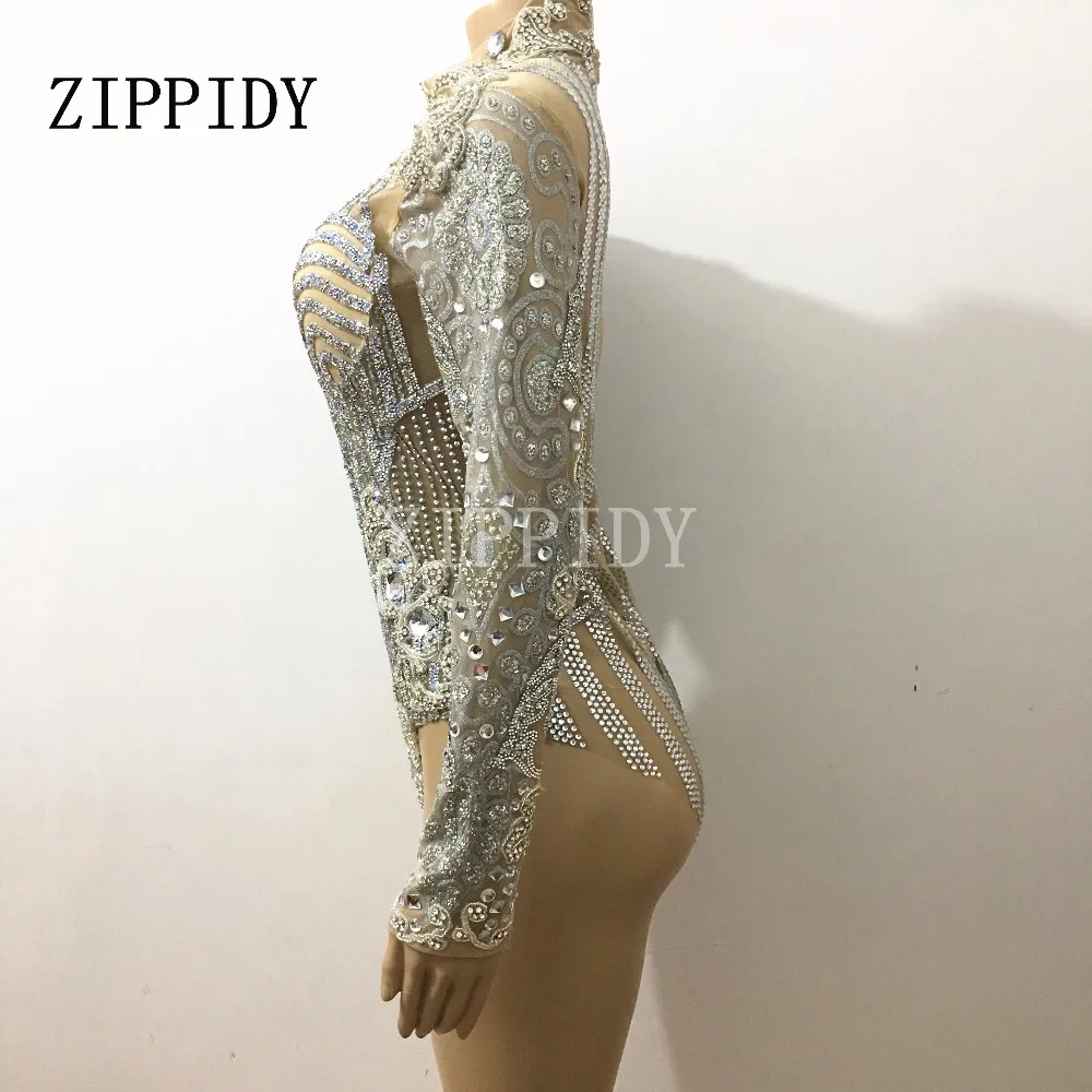 Silver Glisten Rhinestones Leotard long Sleeves Belt Outfit Performance Party Celebrate luxurious Costume Bodysuit Clothing