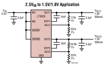 LT3029EMSE LT3029IMSE LT3029HMSE LT3029MPMSE LT3029 - Dual 500mA/500mA Low Dropout, Low Noise, Micropower Linear Regulator