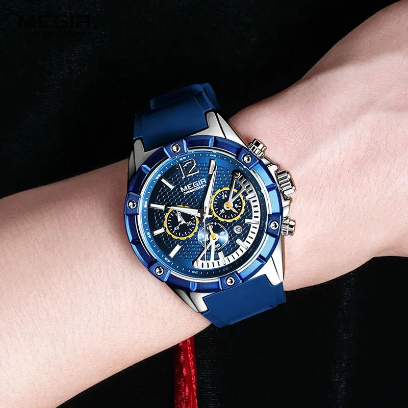 MEGIR Army Sports Waterproof Quartz Wrist Watches for Men Blue Silicone Stopwatch Relojios Masculinos Clock Luminous 2083GBE-2