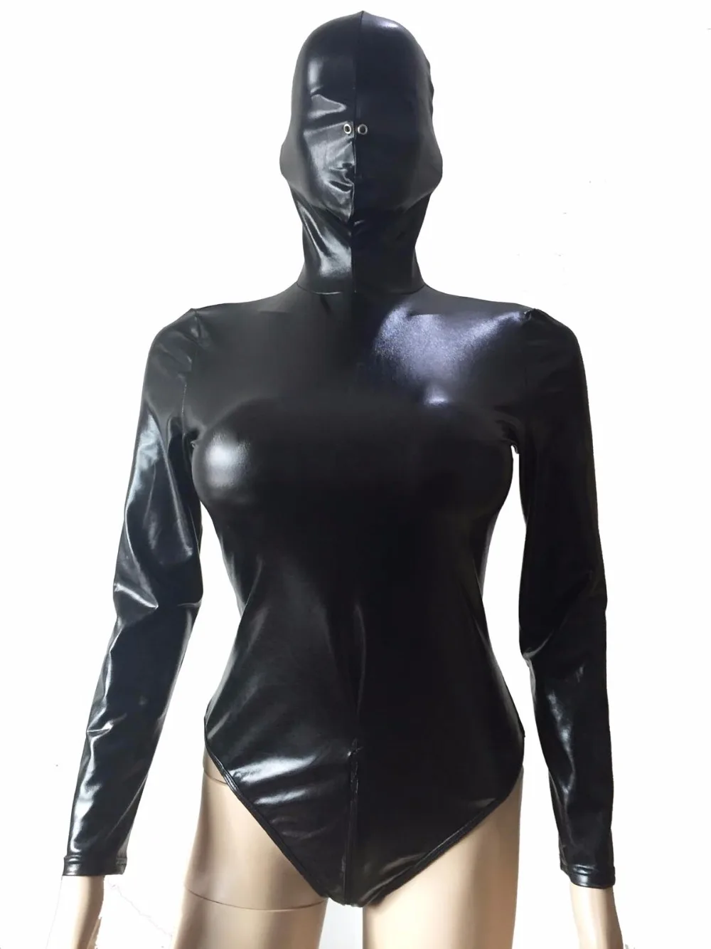 Zentai macacão feminino com capuz, fantasia de couro falso molhado com capuz