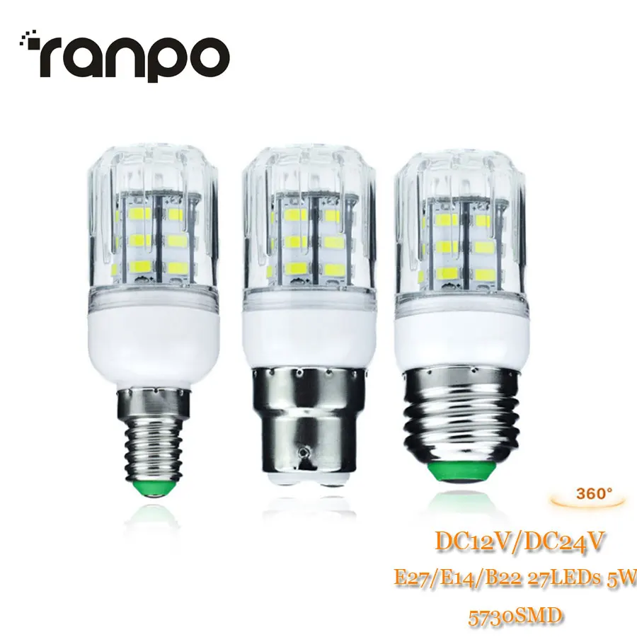 Bombilla E27 B22 E14 27LED 5W 5730 SMD, lámpara de ahorro de energía, luces de maíz, foco, iluminación blanca cálida y fría, cc 12V 24V