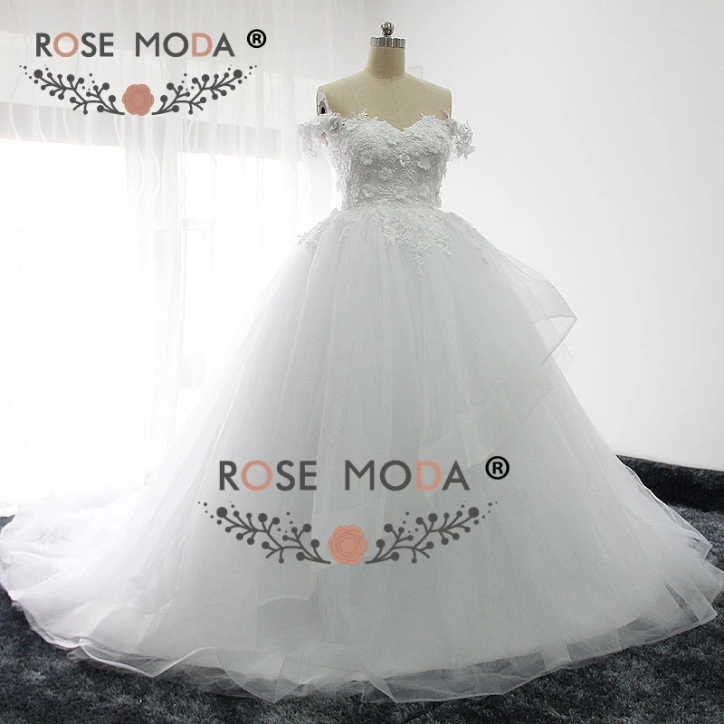 Rose Moda Off Shoulder Princess Puffy Wedding Dress 3D Flowers Lace Ball Gown Real Photos