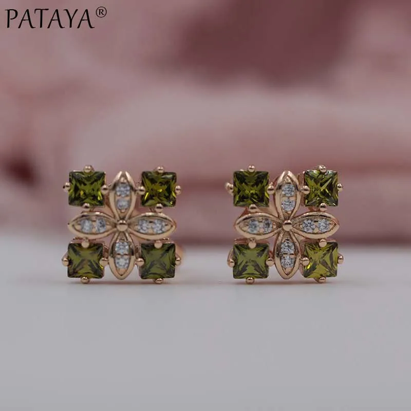 PATAYA Women Four Square Luxury Earrings 585 Rose Gold Color Natural Zircon Earrings Wedding Jewelry Bridal Party AAA Earrings