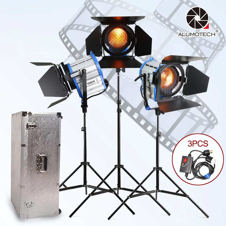 

ALUMOTECH Fresnel Tungsten Spot Light 1000W*3+Stand*3+Dimmer*3+Aluminium Case Kit For Studio Photography Video Camera Support