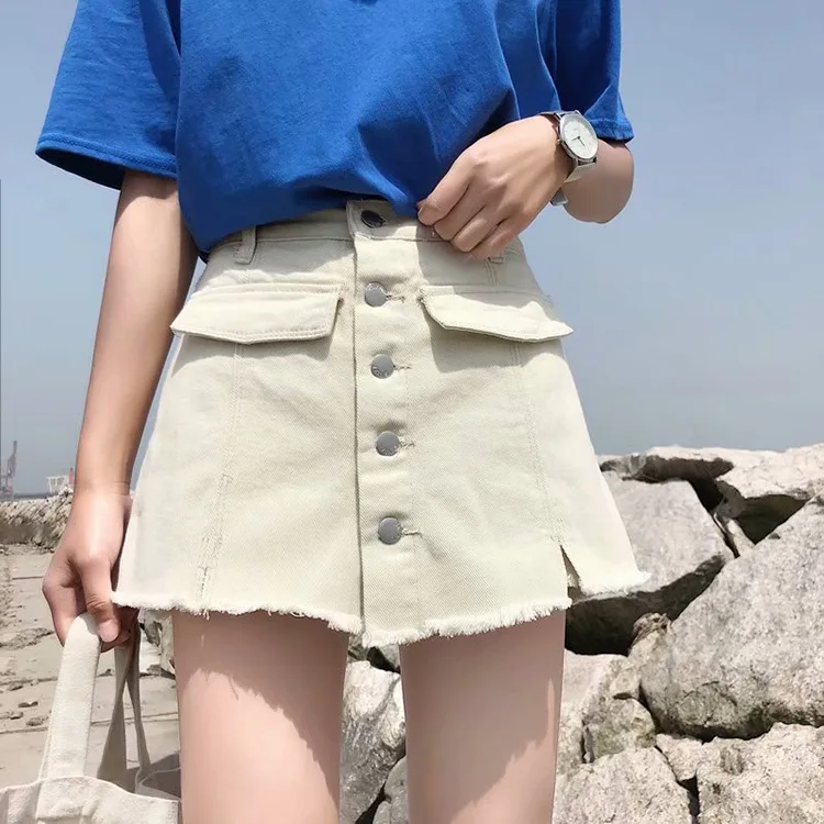 Button Pocket Irregular Shorts Skirts Ripped Tassel Denim Shorts 2018 Women High Waist A-Line Jeans Skirt Short S-XL Culotte