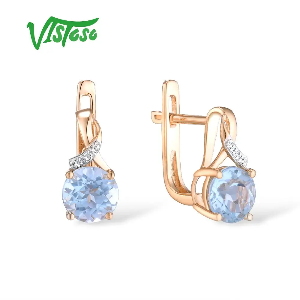 

VISTOSO Gold Earrings For Women 14K 585 Rose Gold Sparkling Luxury Diamond Blue Topaz Wedding Engagement Wedding Fine Jewelry