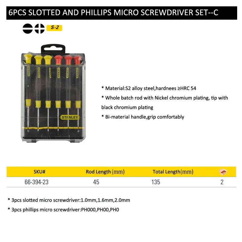 Stanley 6pcs slotted phillips combination mini screwdriver set profession screwdriver kit maintenance tool kits for electronics