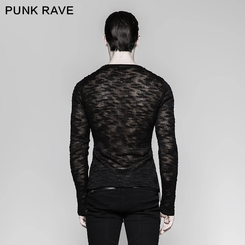 Punk Rave Men\'s Sexy Hollow-out Strappy Sweater Top Shirt Black Banaged Rock performace Top T474