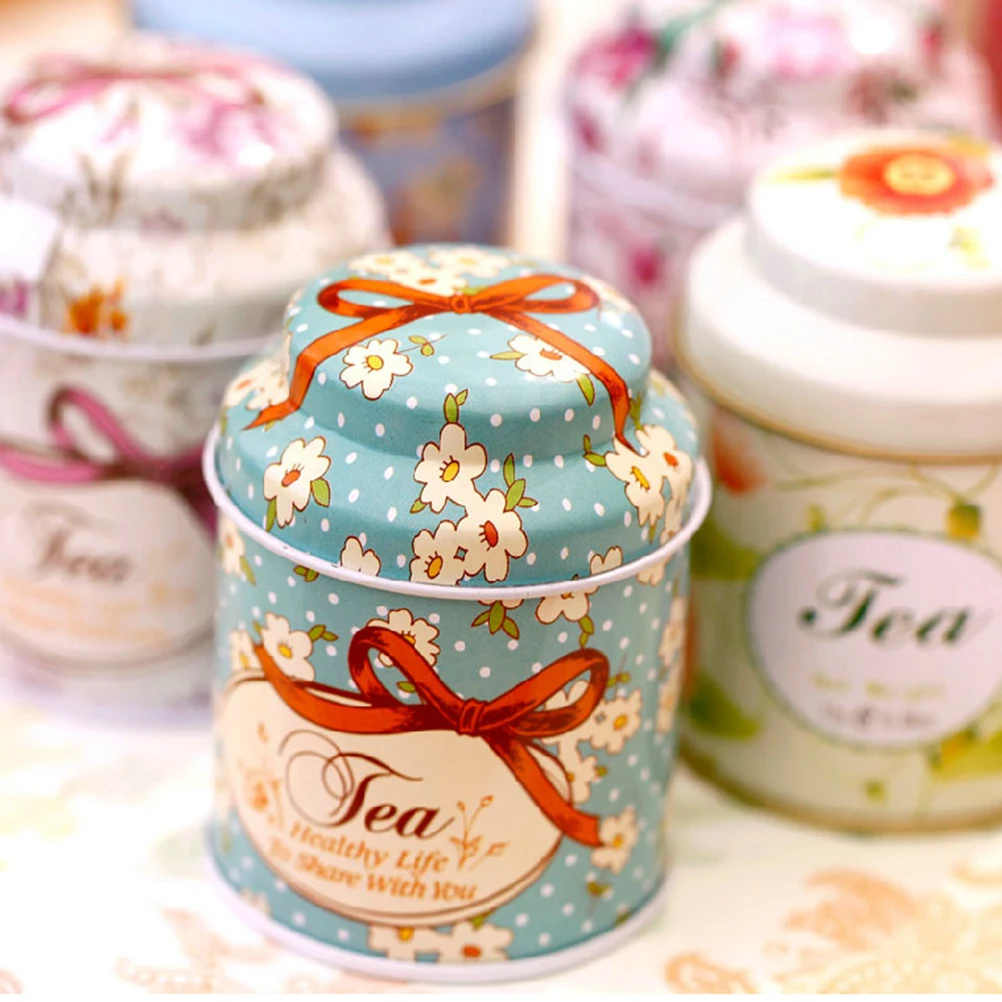 1 Pcs Mini Flower Design Metal Sugar Coffee Tea Tin Jar Container Candy Sealed Cans Box Random Color 7x5.5CM Small Storage Box