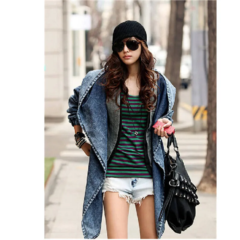 New Fashion 2024 Women Jeans Coat Hat-style Turn-down Collar With Sashes Vintage Denim Trench Outerwear