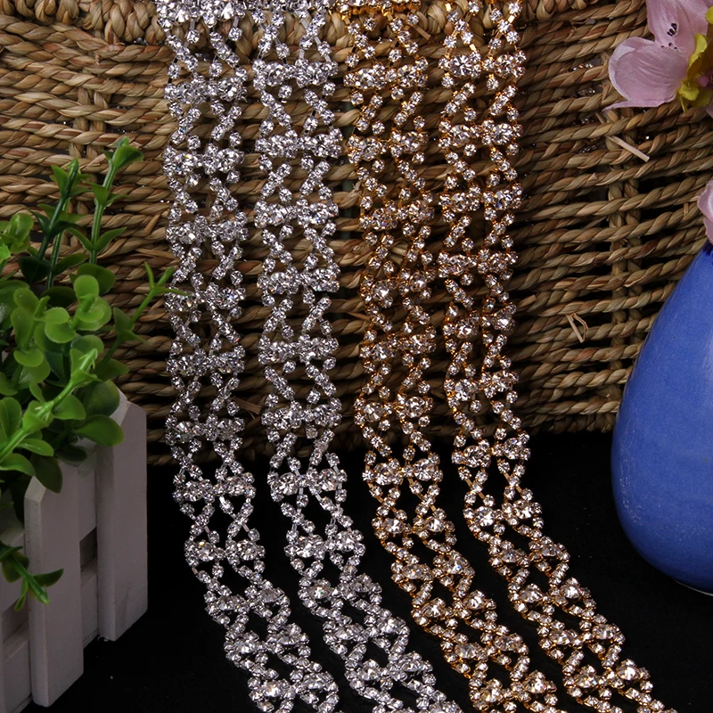 1 Yard 2.5 CM Crystal Rhinestone Chain Trims for Dress DIY Necklace Neckline of Dress Swimwear Shirt Costume Belt Silver Gold