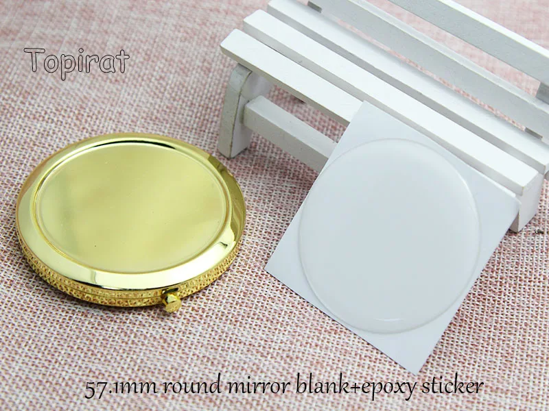 

5Kits 57.1mm Metal Vintage Round Blank Compact Mirror Gold 2 Side Pocket Mirror Bezels Tray+Epoxy Sticker DIY Jewelry Gifts