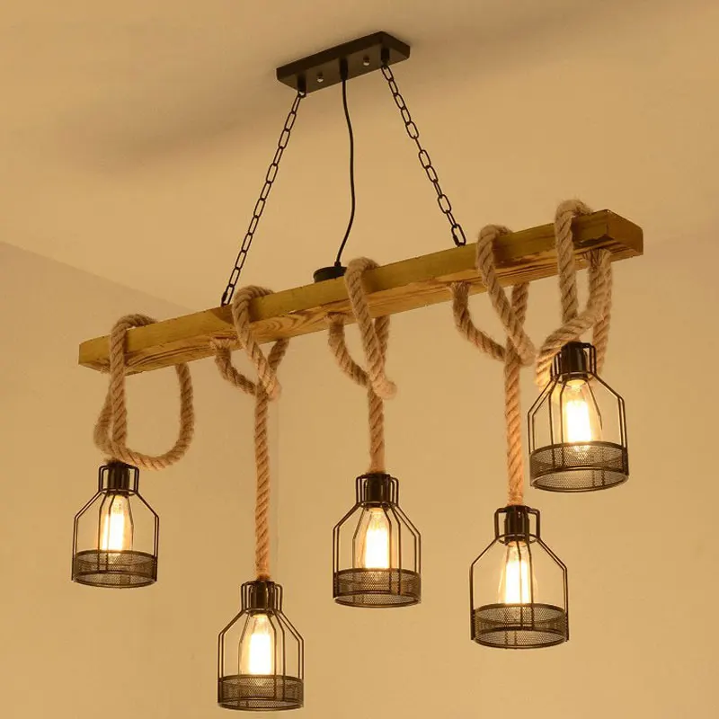 American Retro Multi-Heads Pendant Lamp Industrial Wind Headlight Clothing Store Living Room Bar Cafe Creative Twine Chandelier