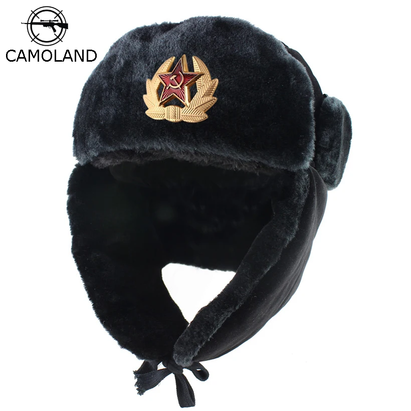 Soviet Army Military Badge Russia Ushanka Bomber Hats Pilot Trapper trooper Hat Winter Faux Rabbit Fur Earflap Men Snow Caps