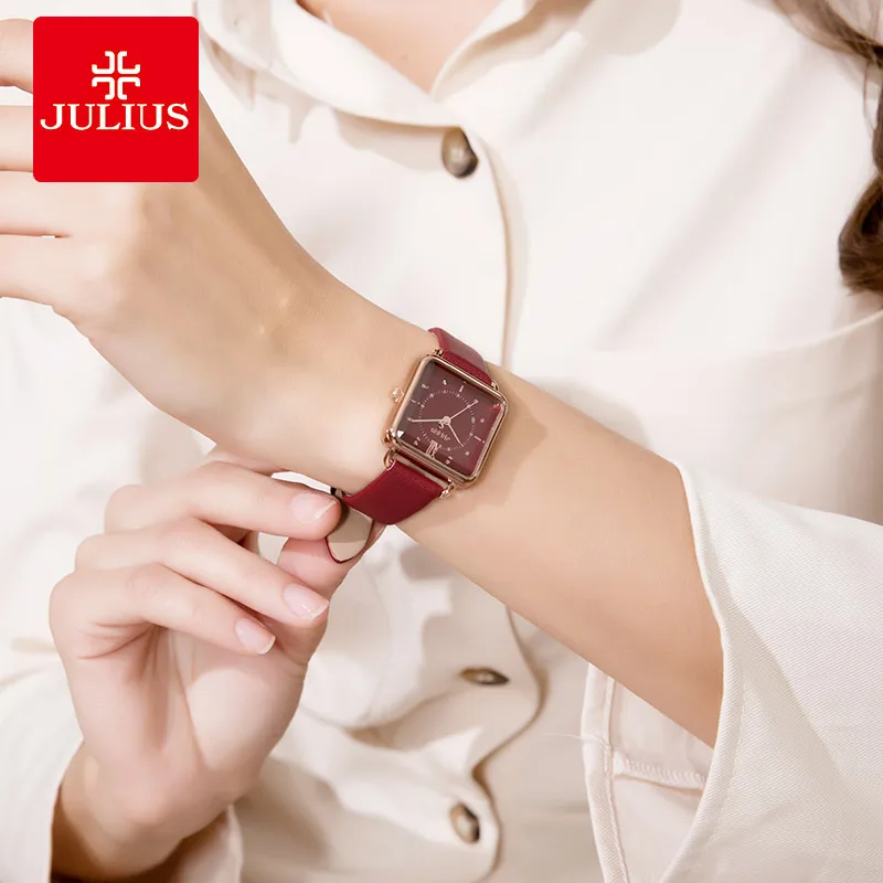 Julius Wine Red Square Retro Designer Watch Original Top Quality Fashion Women Dress Whatch JA-1123