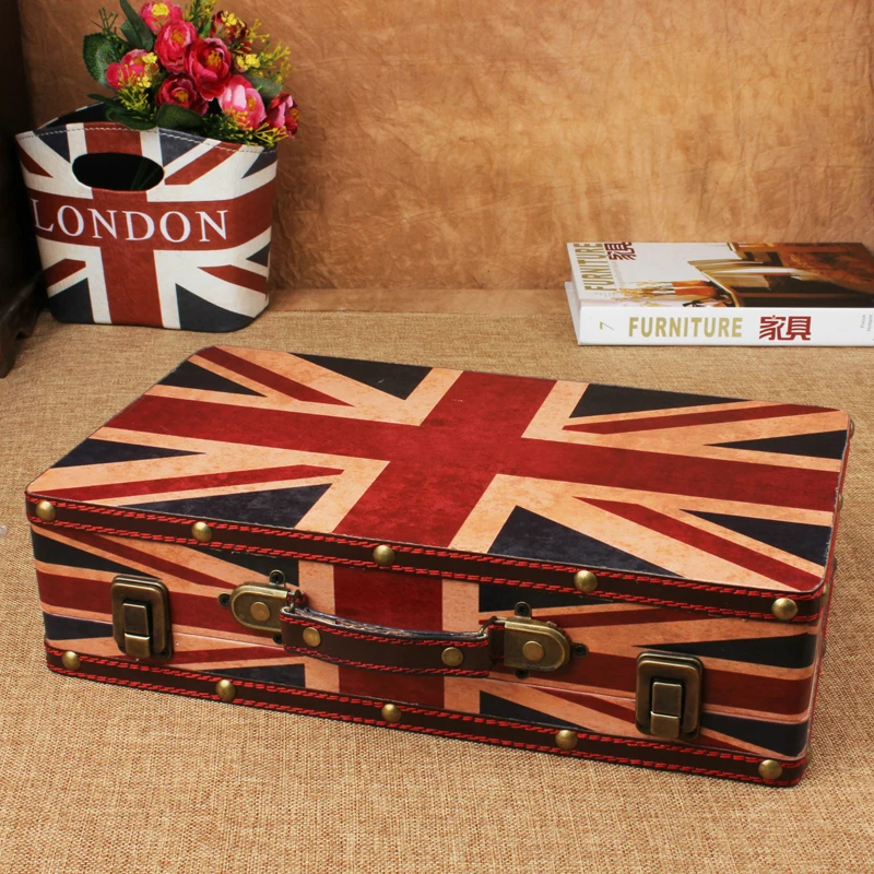 Hot Sale Wooden Suitcase Flag Travel Wooden Storage Box make up organizer Box Photography props treasure chest Home Decoration