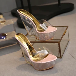 Di alta Qualità Scarpe Da Donna Pistoni di Estate Trasparente di Cristallo Modello Passerella Scarpe Da Sposa di Alta-tacco alto 14 centimetri Zeppe scarpe