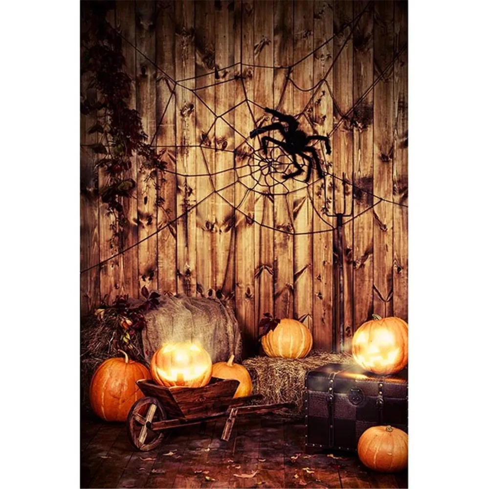 

Wood Wall Floor Halloween Kids Backdrops Printed Spider Web Pumpkins Lantern Trolley Baby Kids Children Photo Studio Backgrounds