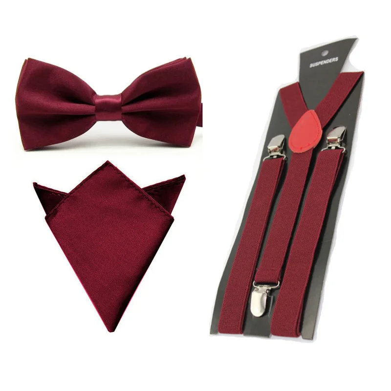 ชายซาติน Bowtie Y-Shape Suspenders ผ้าเช็ดหน้า Pocket Square ชุด BWSET0013