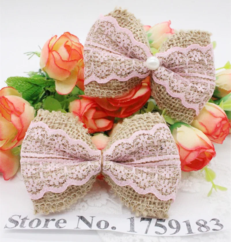 Hot 10pcs Natural Jute Burlap Hessian Ribbon 9 color Bowknot Vintage Wedding Craft Scrapbooking lace Hair Bow Hat craft DIY