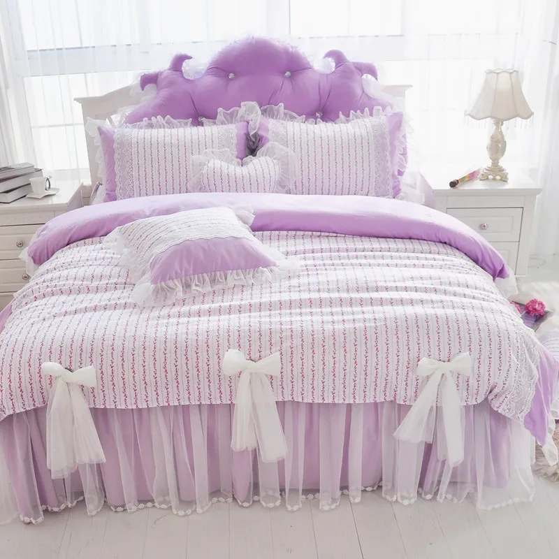 Korean Dreaming Blue Ruffle Cotton Lace Bedding 4pcs Set Queen King Size Princess Bows Duvet Cover Pillow Case Set Bedding Kit