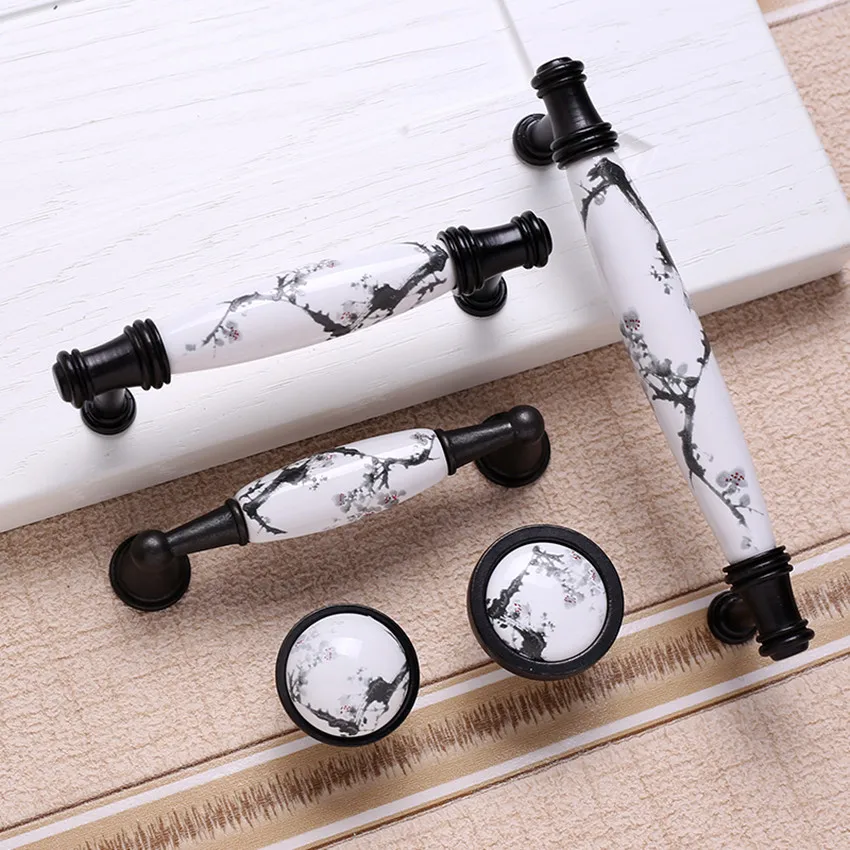 

96mm 128mm antique black kitchen cabinet cupboard door handles Ink pattern ceramic dresser drawer cabinet knobs pulls 5" REREO