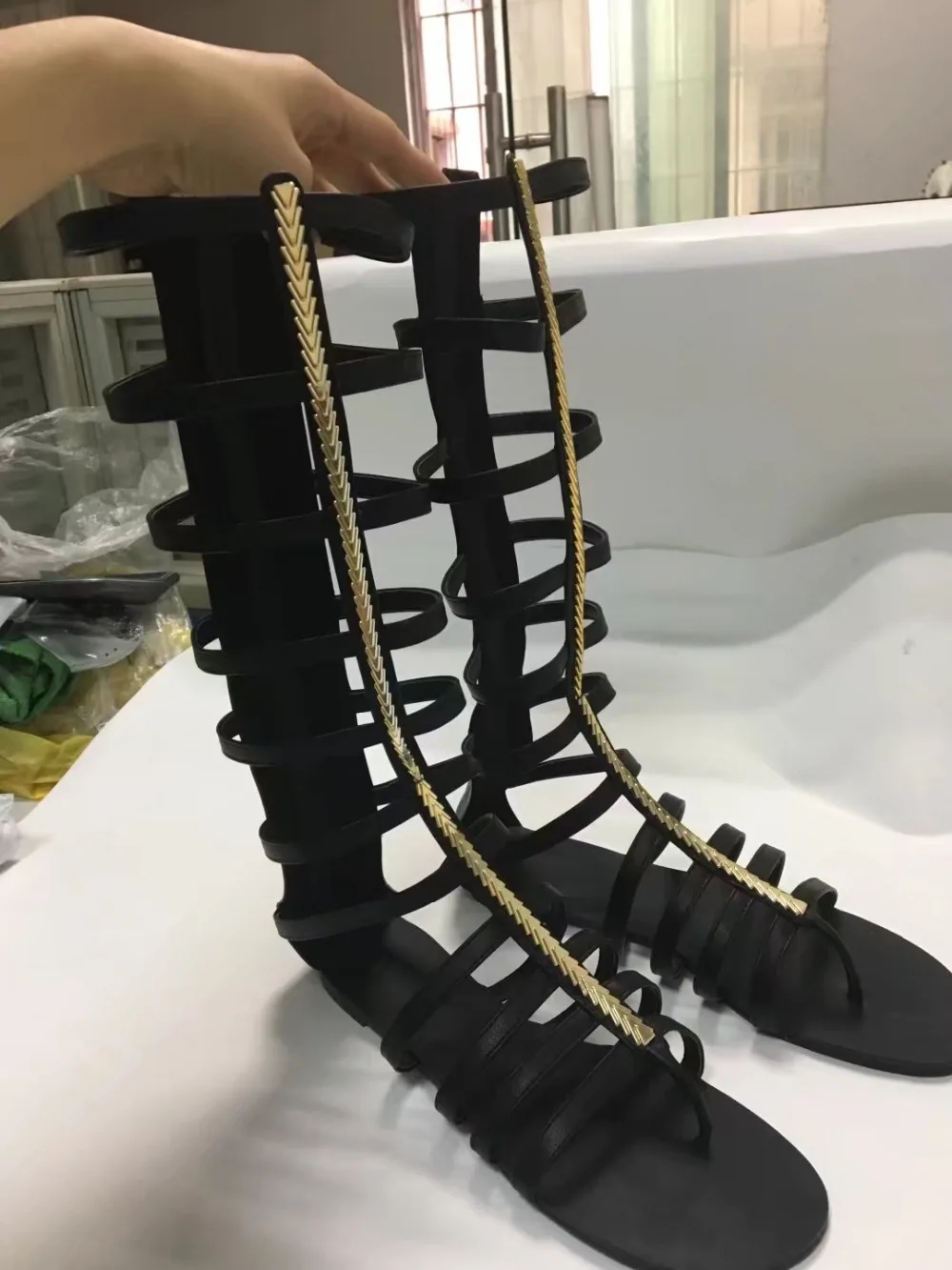 

2022 gladiator sandal boots flats metal decoration summer cut-outs over the knee boots fashion casual sandals real picture