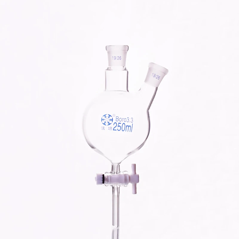 

Two-necked flask oblique shape,With PTFE switch valve,Capacity 250ml,Middle joint 19/26,Lateral joint 19/26,Separatory funnel