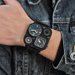 Oulm Classic Black Casual Watches Men Sport Quartz Clock Dual Time Zone Wristwatch Decorative Compass Luxury Male Watch