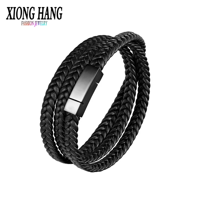 XiongHang Fashion Black Genuine Leather Bracelet Black Stainless Steel Clasp Multi Layer Braid Rope Chain Wristband Vintage Gift