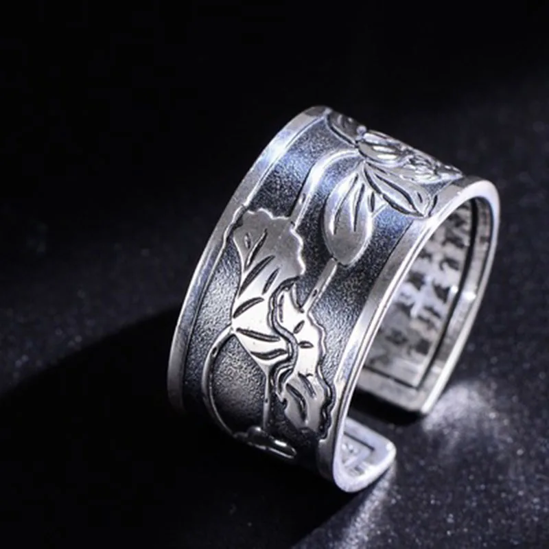 MAYONES 100% Real 999 Pure Silver Lotus Flower Buddhistic Heart Sutra Rings for Women Men Gift Religious Jewelry Anillos