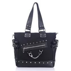 JIEROTYX Mode Vintage Leinwand Tote Tasche Niet frauen Tasche Zipper Breiten Gurt Schulter Tasche Gothic Punk Handtasche Frau Hohe qualität