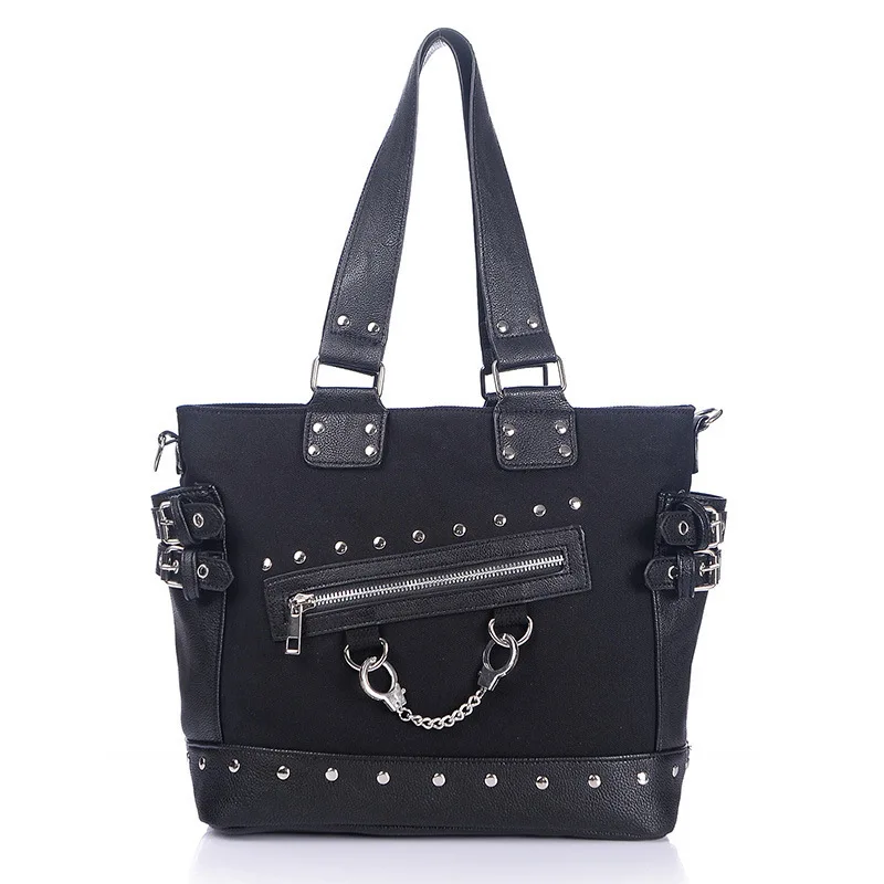 JIEROTYX Fashion Vintage Canvas Tote Bag Rivet Women's Bag Zipper Wide Strap Shoulder Bag Gothic Punk Handbag Woman High Quality