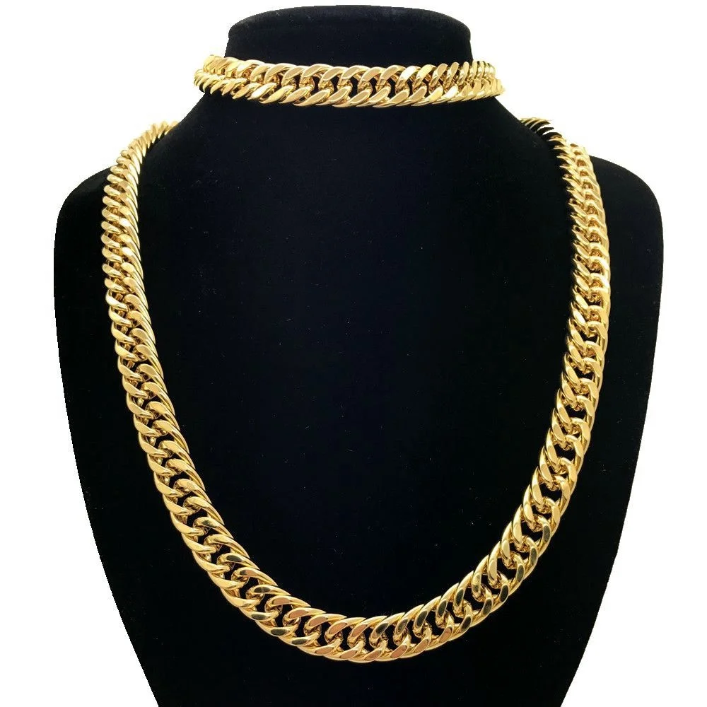 10MM Wide Yellow Gold Filled Chunky Solid Curb Link Chain Men Necklace Bracelet Jewelry Set