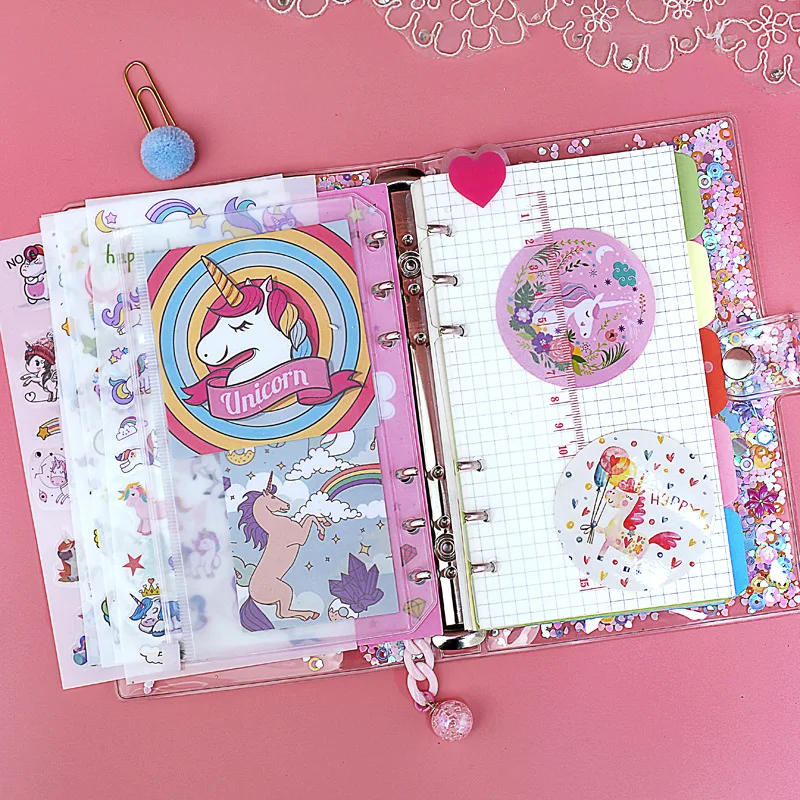 Pink Sequin Petal Transparent Unicorn Notebook set Sketch Book Travel Travellers Stencil Divider Agenda School