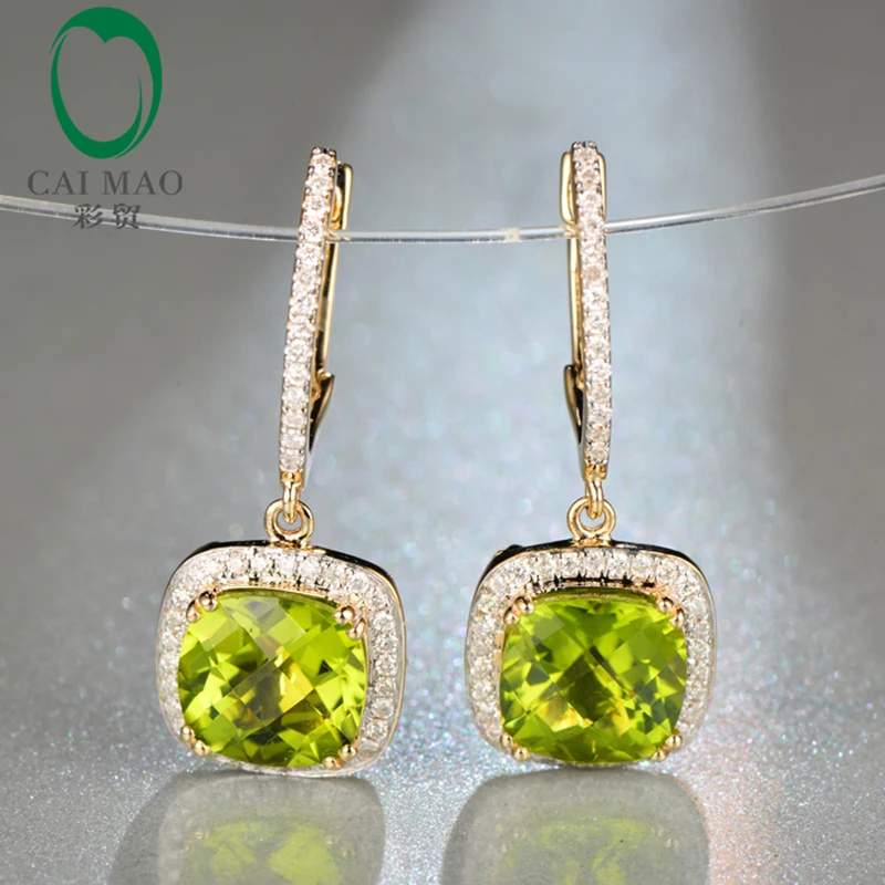 Caimao 14K Yellow Gold Natural Flawless 4.30ct Cushion Cut Peridot Diamond Engagement Drop Earring