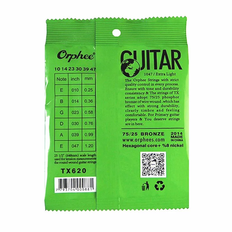 Orphee TX620 010-047 Acoustic Guitar Strings Hexagonal Core+8% Nickel Bronze Bright Tone Extra Light Accessories