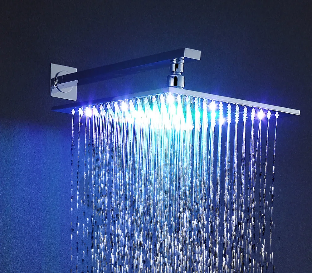 7 Color!  /Change By Time/12 Inch, Square Chrome Over head LED Rainfall Shower Head (D003-2-7)