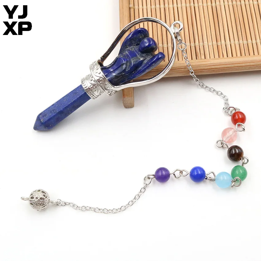 YJXP Natural Stone 7 Chakra Reiki Healing Chain Lapis Lazuli Carved Angel Hexagonal Prism Pendulum Pendant Fashion Charm Jewelry