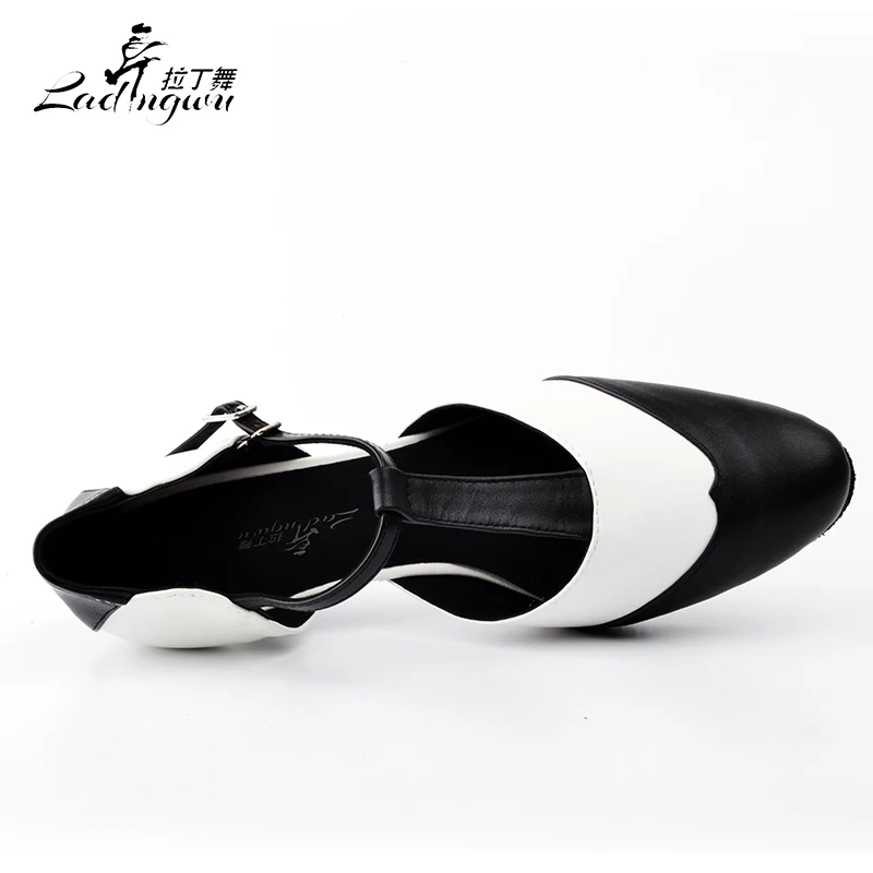 Ladingwu Classic Black Collocation White Women\'s Genuine Leather Dance Shoes Latin Salsa Ballroom Dance Sneakers Women