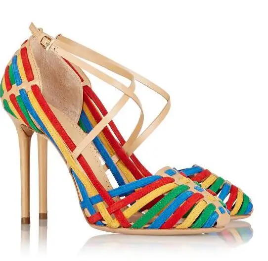 Summer Fashion Rainbow Braided Straps Women Pointy Toe Sandals Unique High Heels Ladies Sexy Colorful Dress Shoes Party Stiletto