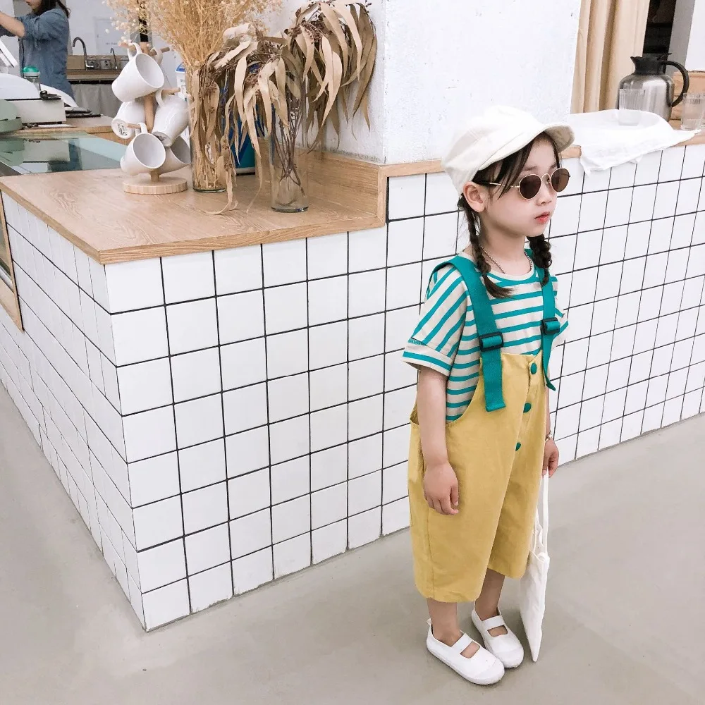 2020 kids clothes girl Summer Item children Casual Suit Including Suspender Pant+Stripe T-shirt 2pcs Per Set