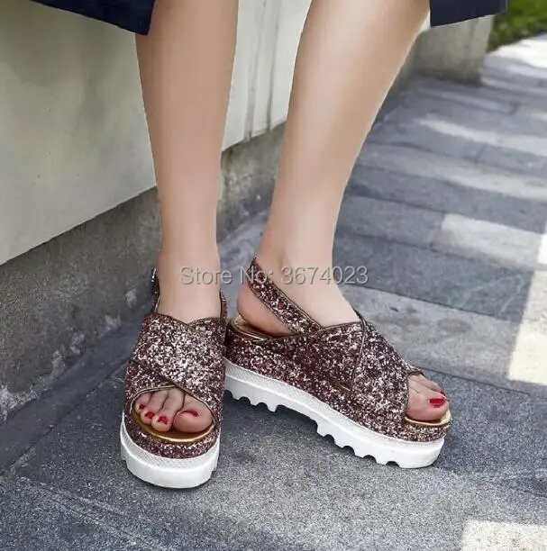 Qianruiti-Sandales à plateforme scintillante pour femmes, Peep Parker, Bling Wedges, Optics Heels, Street Casual, Slingbacks, Outdoor, Summer, 2018