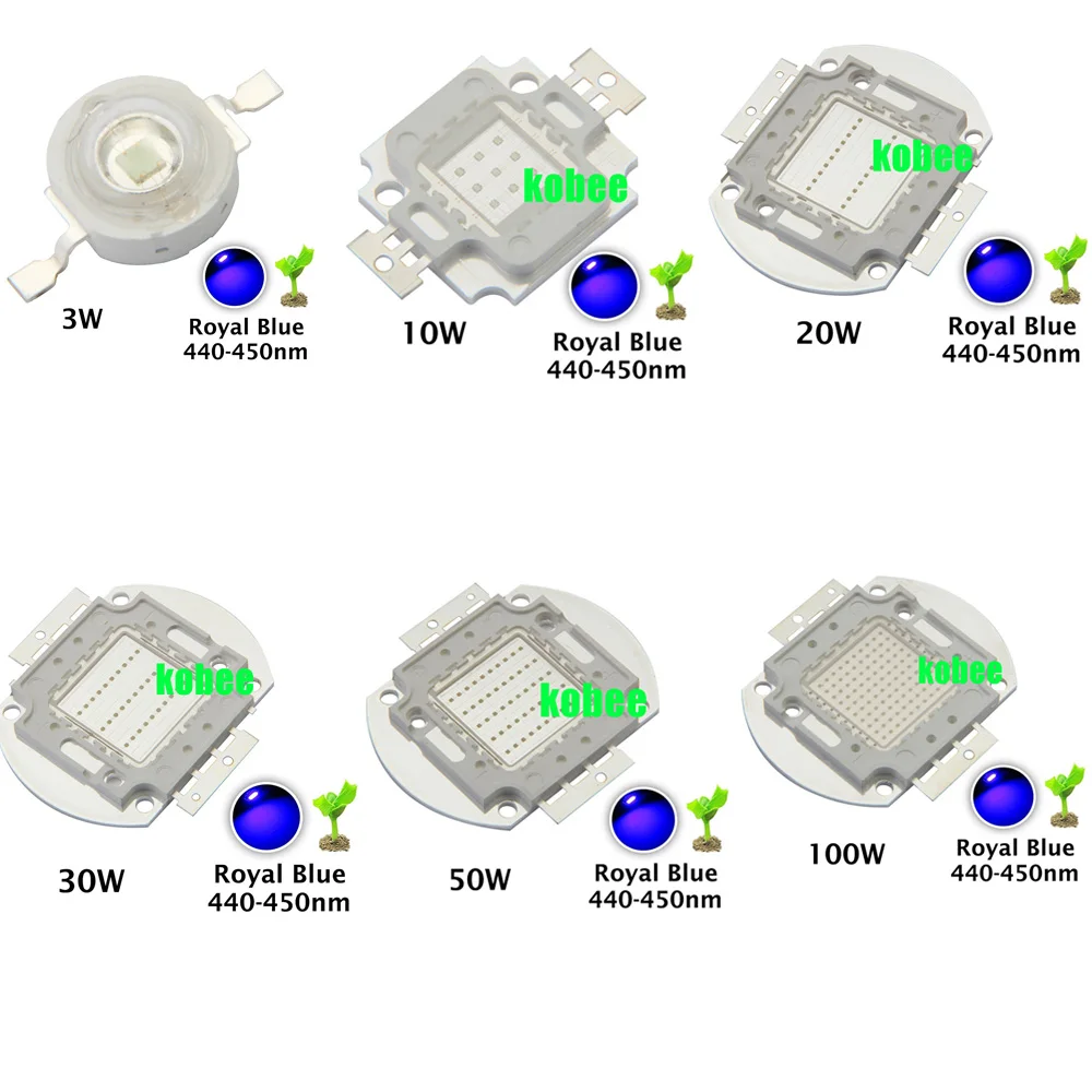 High Power Royal Blue LED Grow Chip 440nm 450nm 1W 3W 5W 10W 20W 30W 50W 100W COB LED Emitter Bulb for DIY LED Plant Grow Light